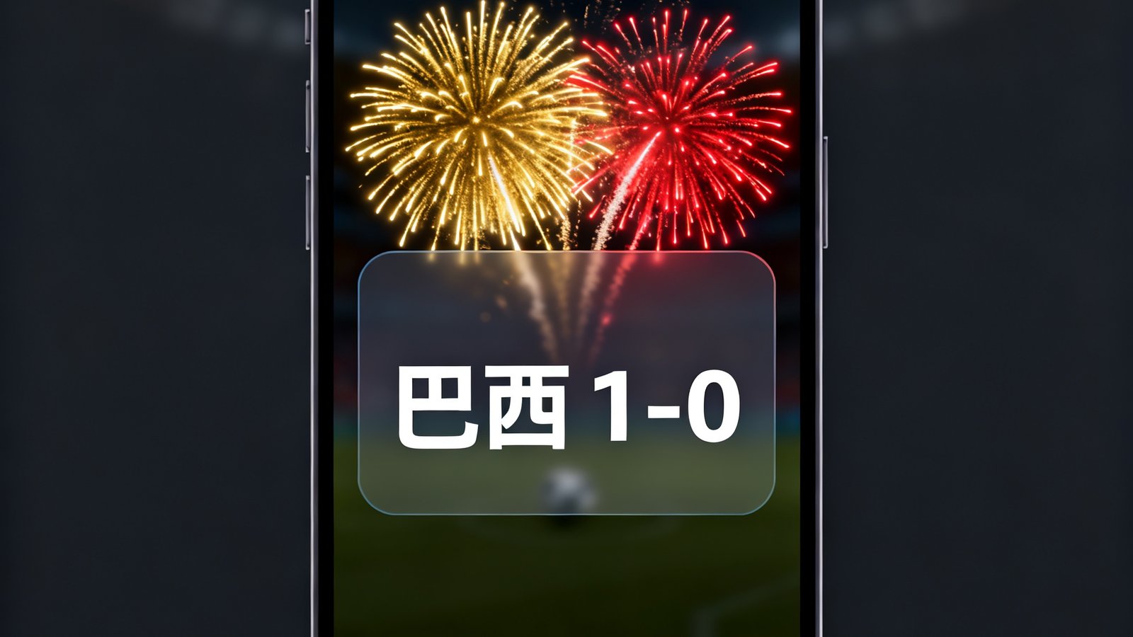 手机界面显示实时比分弹窗，巴西进球后弹出烟花动画效果