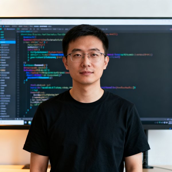 技术总监赵赫，黑色T恤，背后大屏幕显示代码